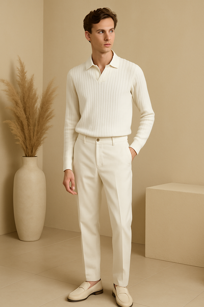 Geripptes Langarm-Poloshirt mit Knopfleiste