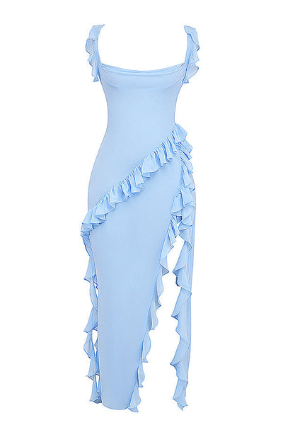 Trägerloses Maxikleid mit Rüschen und Volantrock