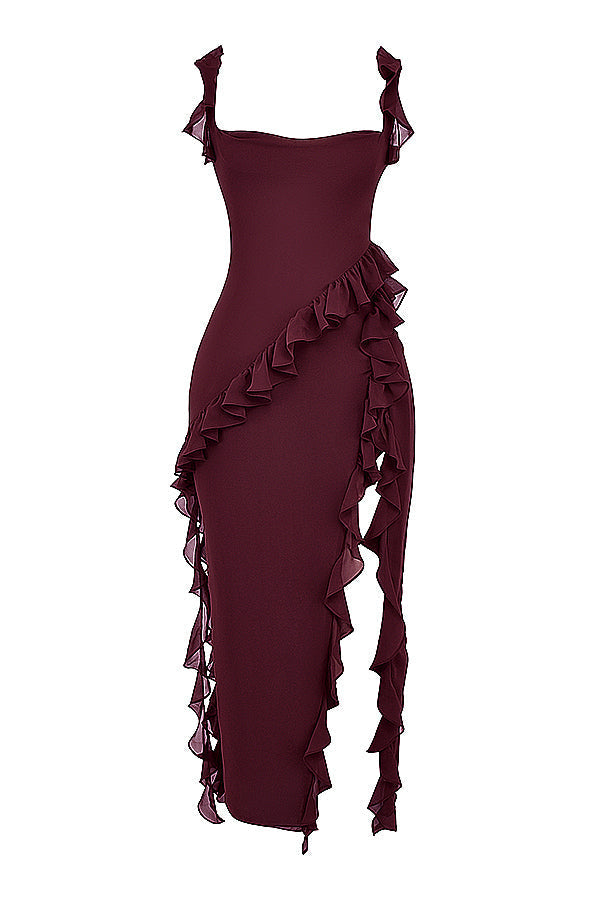 Trägerloses Maxikleid mit Rüschen und Volantrock