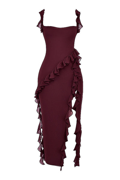 Trägerloses Maxikleid mit Rüschen und Volantrock