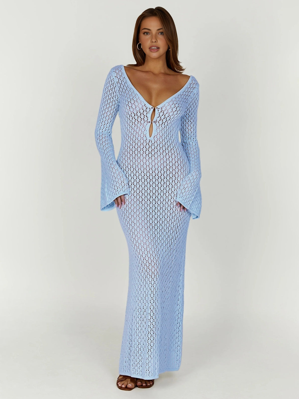 ZURIA | Überwurf, langärmeliges, rückenfreies langes Kleid