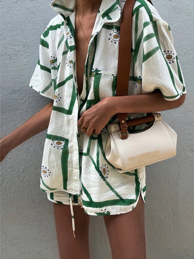 ZURIA | Bedrucktes Shorts-Set mit Kordelzug