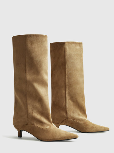 Kniehohe Wildlederstiefel – Kitten Heel Stiefel für Damen