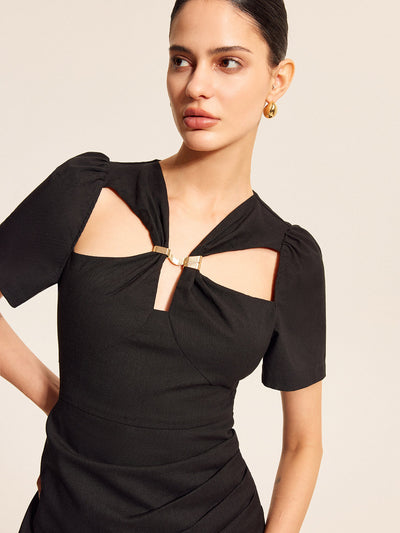 Baumwoll-Leinen Kleid mit Cut-Outs & Puffärmeln – Sommerlich & Elegant