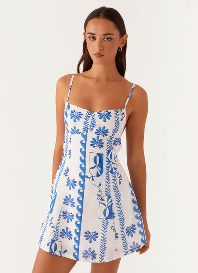 Ärmelloses Leinen-Minikleid mit Blumenmuster