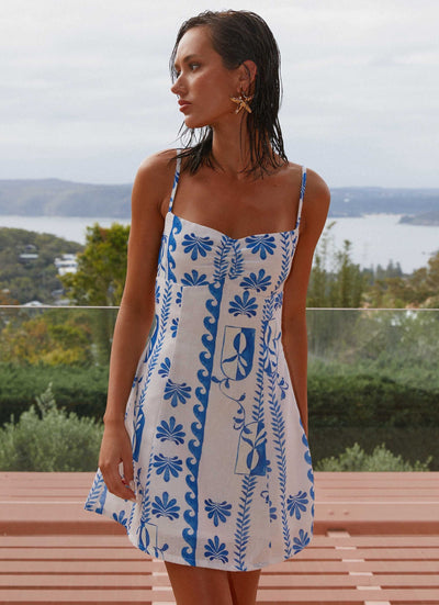 Ärmelloses Leinen-Minikleid mit Blumenmuster