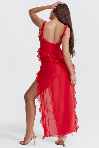 Trägerloses Maxikleid mit Rüschen und Volantrock