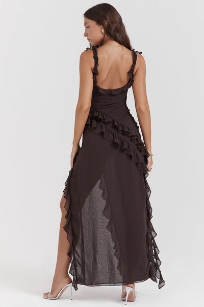 Trägerloses Maxikleid mit Rüschen und Volantrock