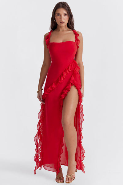 Trägerloses Maxikleid mit Rüschen und Volantrock