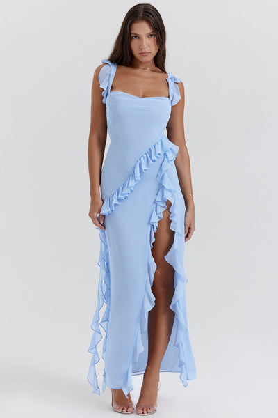 Trägerloses Maxikleid mit Rüschen und Volantrock