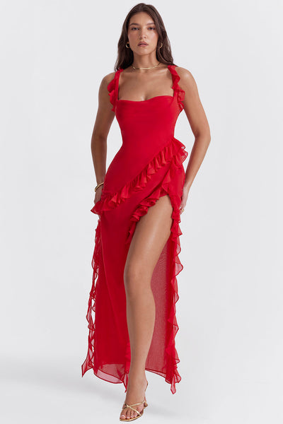 Trägerloses Maxikleid mit Rüschen und Volantrock