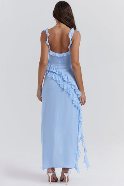Trägerloses Maxikleid mit Rüschen und Volantrock