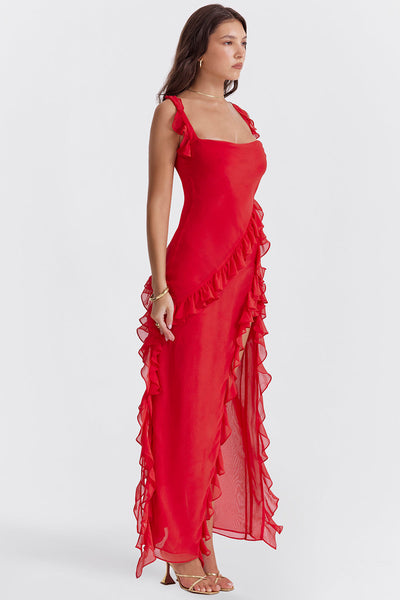 Trägerloses Maxikleid mit Rüschen und Volantrock
