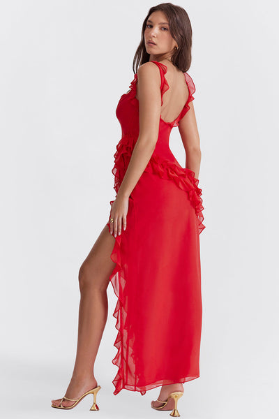 Trägerloses Maxikleid mit Rüschen und Volantrock