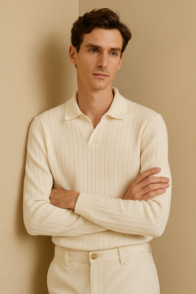 Geripptes Langarm-Poloshirt mit Knopfleiste