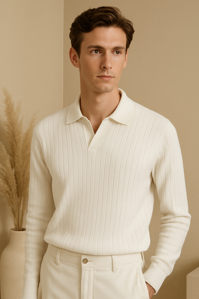 Geripptes Langarm-Poloshirt mit Knopfleiste