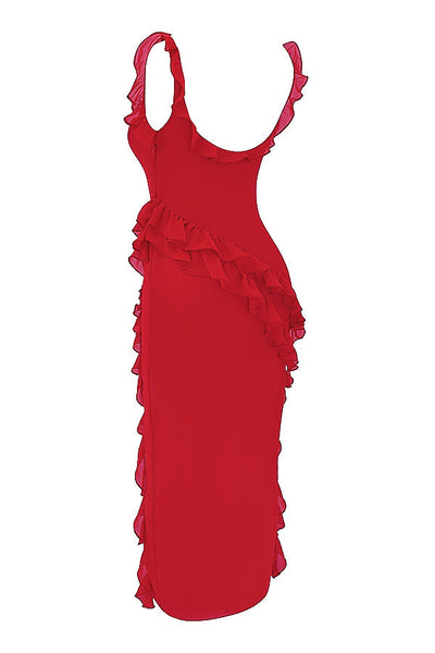 Trägerloses Maxikleid mit Rüschen und Volantrock