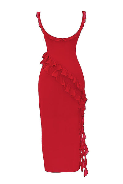 Trägerloses Maxikleid mit Rüschen und Volantrock