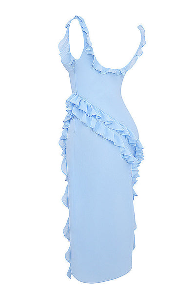 Trägerloses Maxikleid mit Rüschen und Volantrock