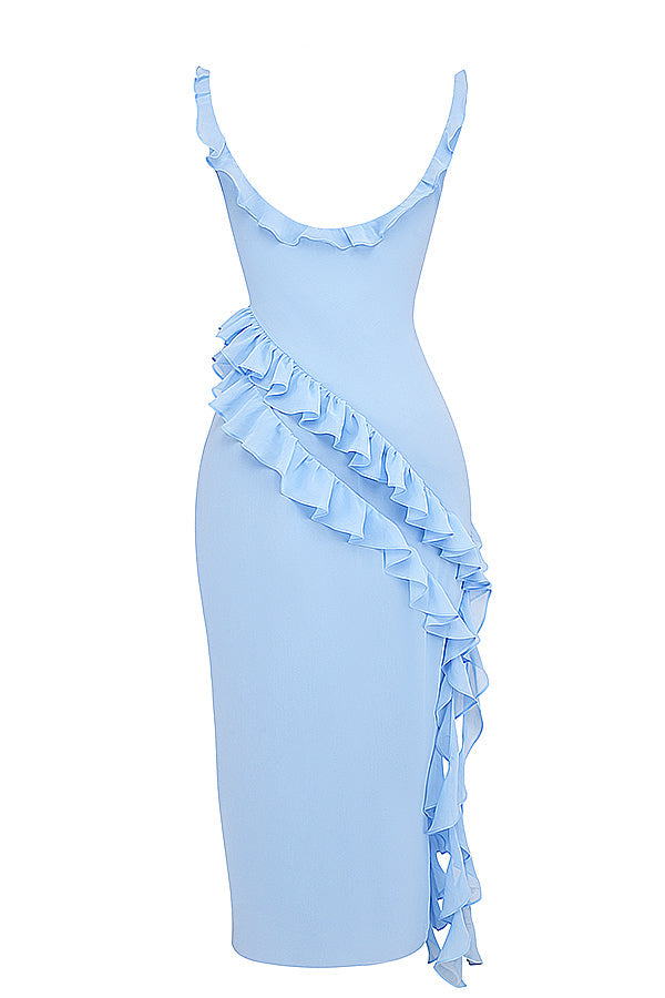 Trägerloses Maxikleid mit Rüschen und Volantrock