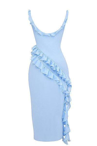 Trägerloses Maxikleid mit Rüschen und Volantrock
