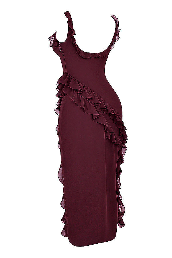 Trägerloses Maxikleid mit Rüschen und Volantrock