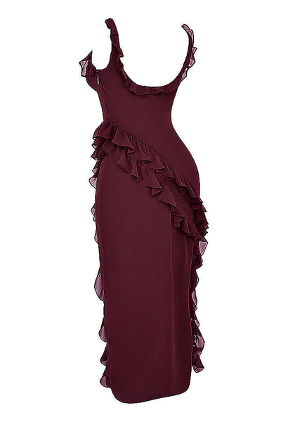 Trägerloses Maxikleid mit Rüschen und Volantrock