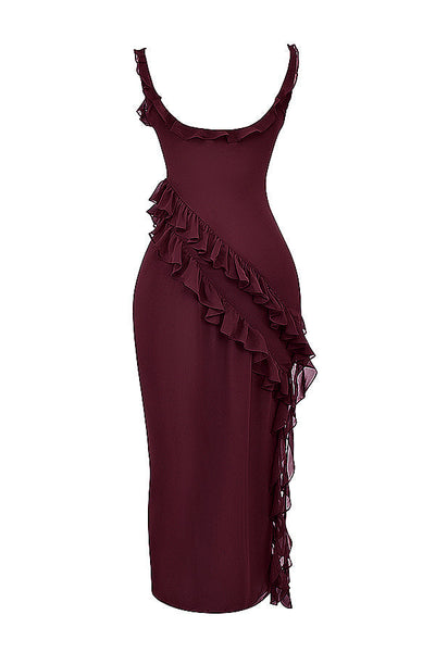 Trägerloses Maxikleid mit Rüschen und Volantrock