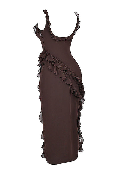 Trägerloses Maxikleid mit Rüschen und Volantrock