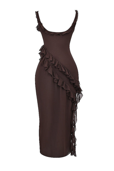 Trägerloses Maxikleid mit Rüschen und Volantrock
