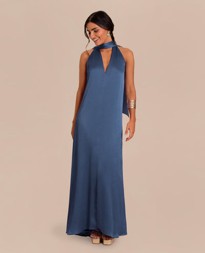 Langärmeliges Midikleid mit Bindegürtel in Blau