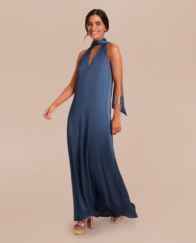 Langärmeliges Midikleid mit Bindegürtel in Blau