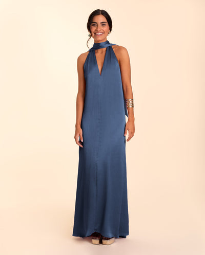 Langärmeliges Midikleid mit Bindegürtel in Blau